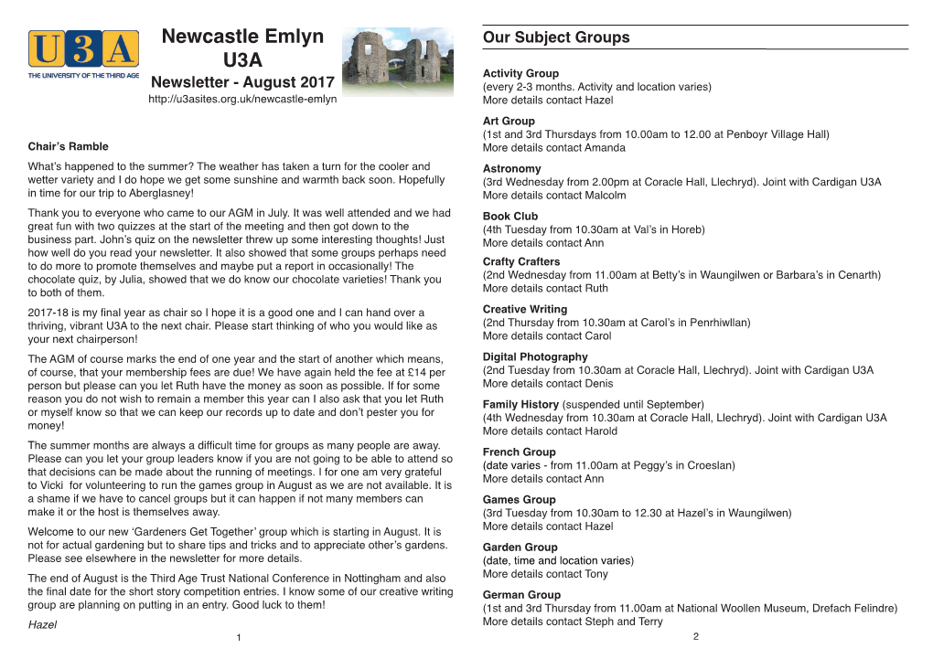 Newcastle Emlyn Our Subject Groups U3A Activity Group Newsletter - August 2017 (Every 2-3 Months