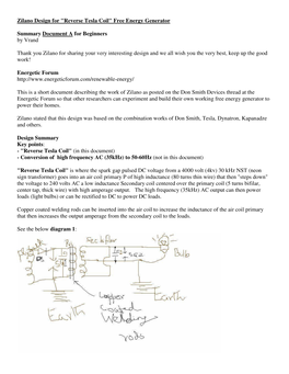 Zilano Design for "Reverse Tesla Coil" Free Energy Generator