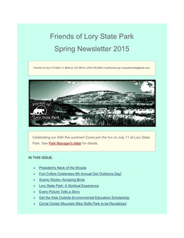 Friends of Lory State Park Spring Newsletter 2015