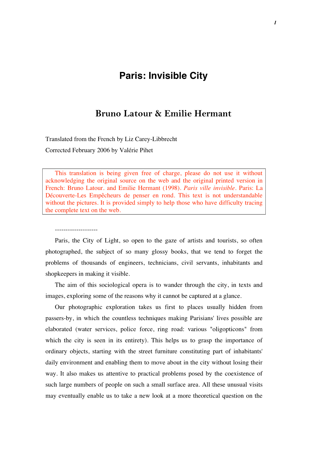 Paris: Invisible City Bruno Latour & Emilie Hermant