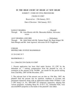 CODE of CIVIL PROCEDURE CS(OS) 911/2007 Reserved on : 15Th January, 2013