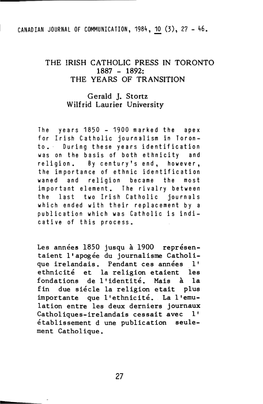 Rish Catholic Press in Toronto 1887 - 1892: the Years of Transition