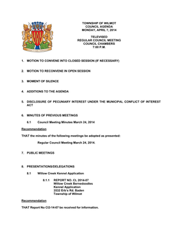 Township of Wilmot Council Agenda Monday, April 7, 2014