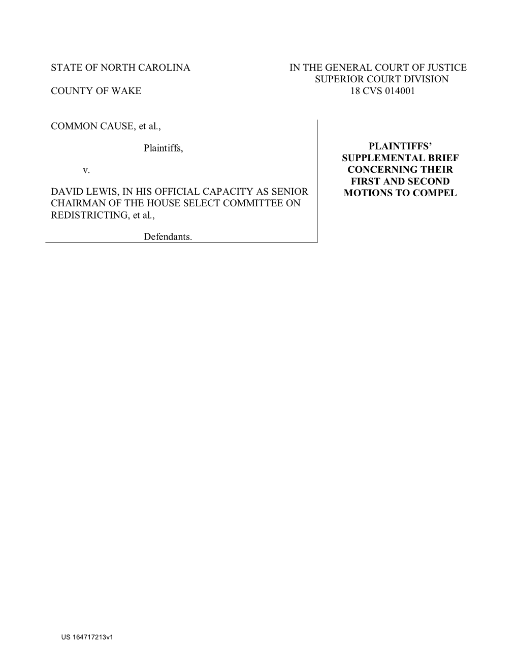 State of North Carolina in the General Court of Justice Superior Court Division County of Wake 18 Cvs 014001