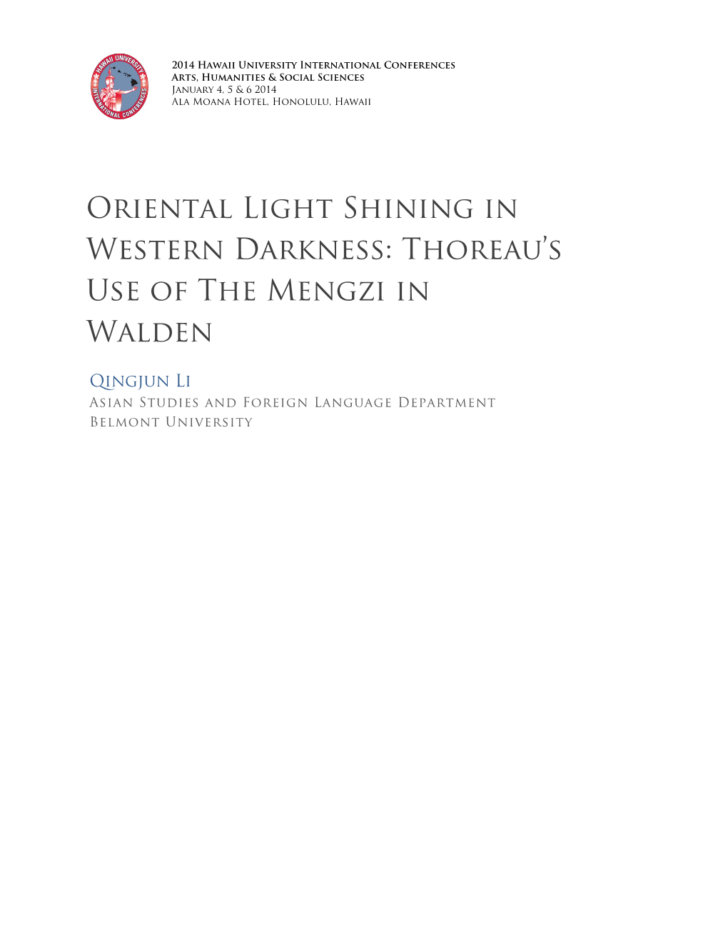 Oriental Light Shining in Western Darkness: Thoreau's Use of the Mengzi in Walden