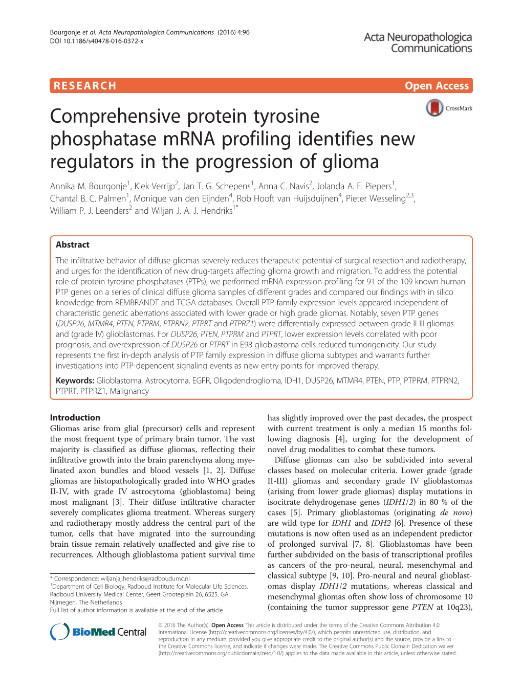 Comprehensive Protein Tyrosine Phosphatase Mrna Profiling Identifies New Regulators in the Progression of Glioma Annika M