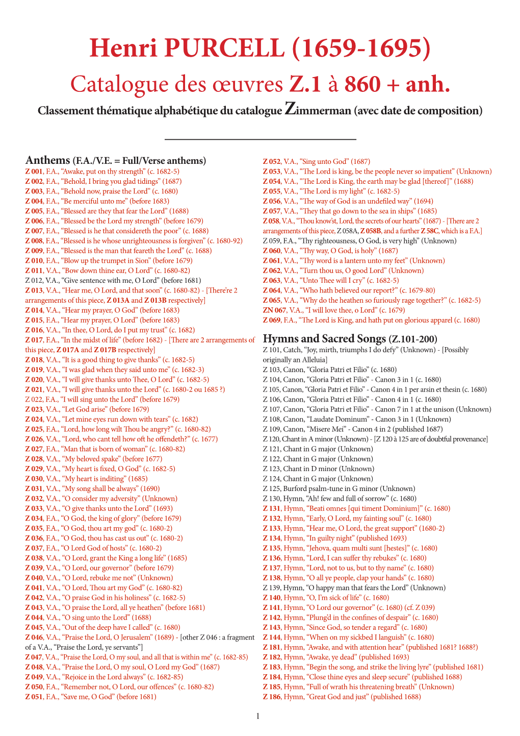 Henri PURCELL (1659-1695) Catalogue Des Œuvres Z.1 À 860 + Anh