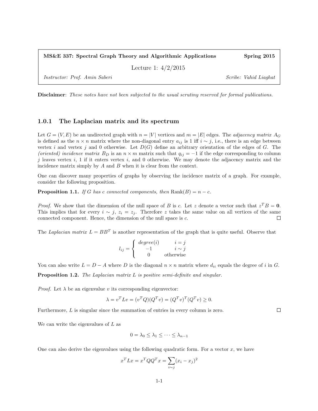 4/2/2015 1.0.1 the Laplacian Matrix and Its Spectrum