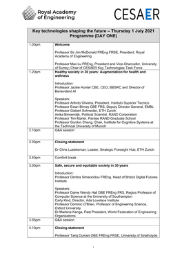 Key Technologies Shaping the Future – Thursday 1 July 2021 Programme (DAY ONE)