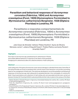 Parasitism and Behavioral Responses of Acromyrmex Coronatus (Fabricius