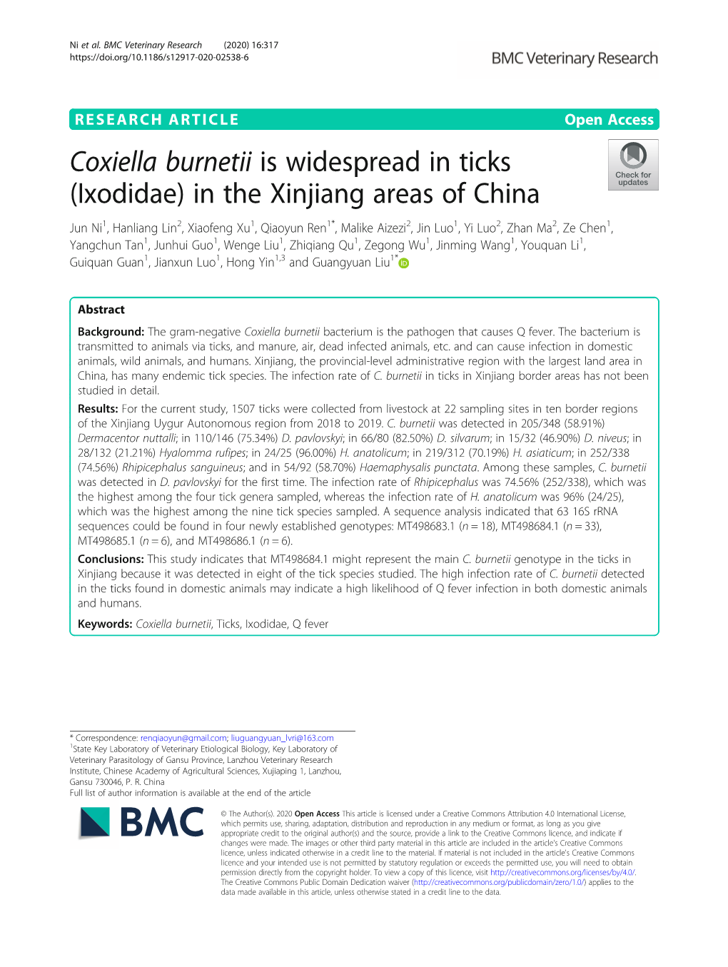 Coxiella Burnetii Is Widespread in Ticks (Ixodidae) in the Xinjiang Areas Of