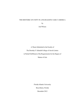 THE RHETORIC of UNITY in a PLURALISTIC EARLY AMERICA By