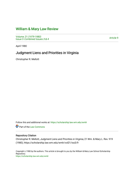 Judgment Liens and Priorities in Virginia