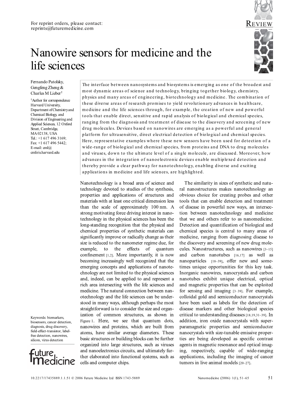Nanowire Sensors for Medicine and the Life Sciences