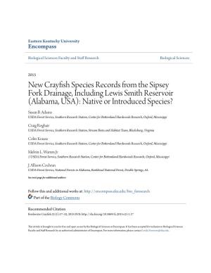 New Crayfish Species Records from the Sipsey Fork Drainage, Including Lewis Smith Reservoir (Alabama, USA): Native Or Introduced Species? Susan B