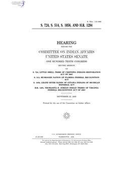 S. 724, S. 514, S. 1058, and H.R. 1294 Hearing Committee On