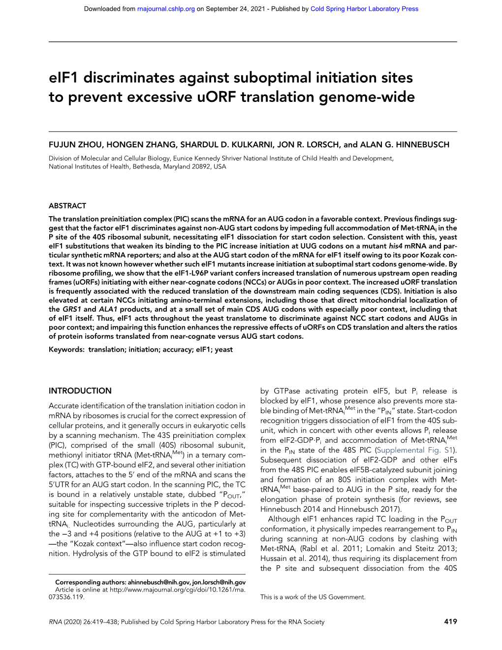 Eif1 Discriminates Against Suboptimal Initiation Sites to Prevent Excessive Uorf Translation Genome-Wide