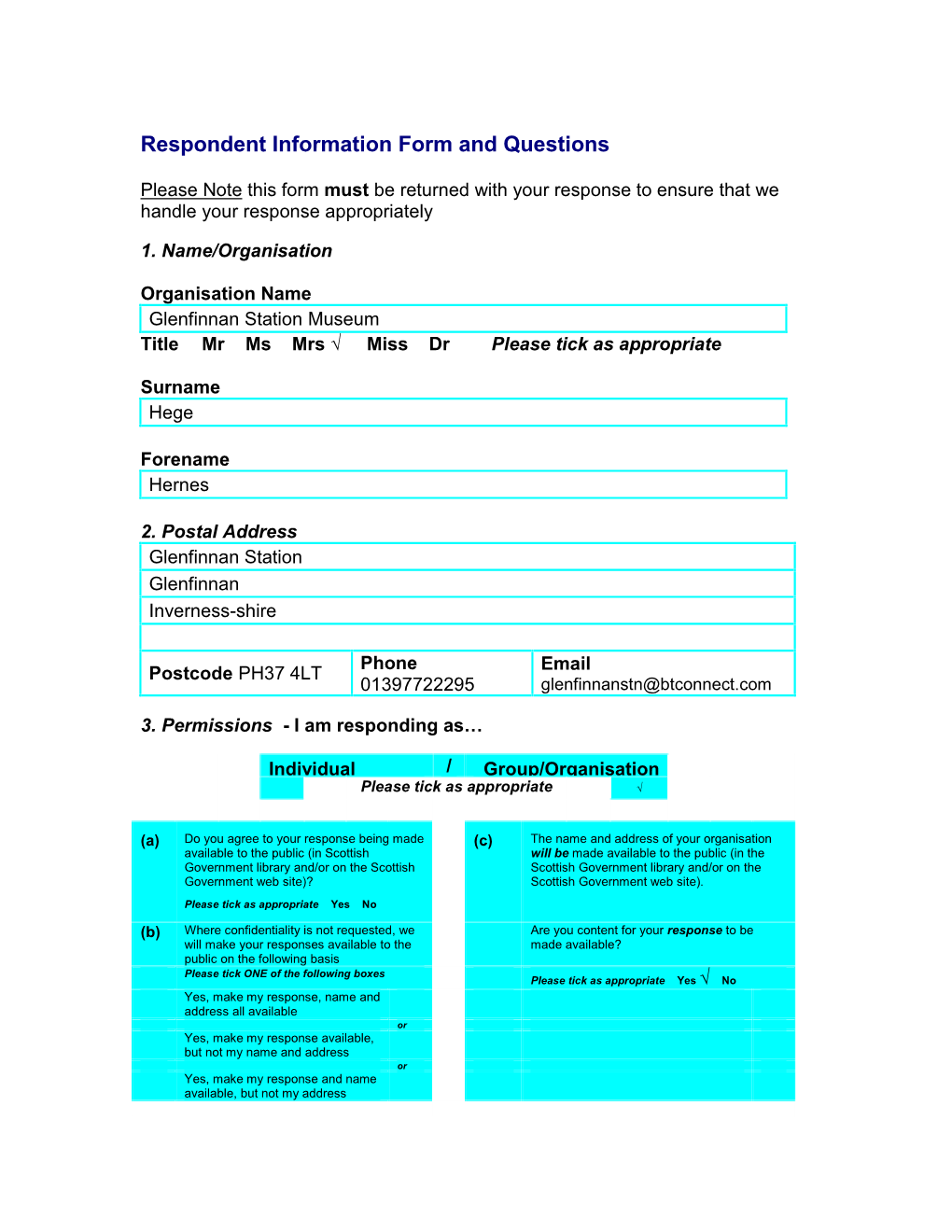 Respondent Information Form and Questions