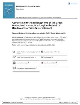 Complete Mitochondrial Genome of the Greek Nine-Spined Stickleback Pungitius Hellenicus (Gasterosteiformes, Gasterosteidae)