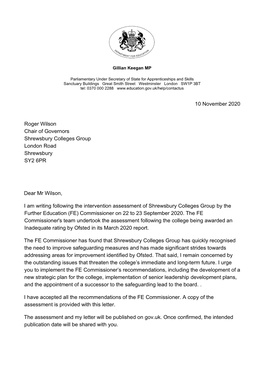 Letter from the Parliamentary Under Secretary of State For