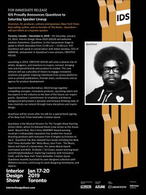 FOR IMMEDIATE RELEASE IDS Proudly Announces Questlove To