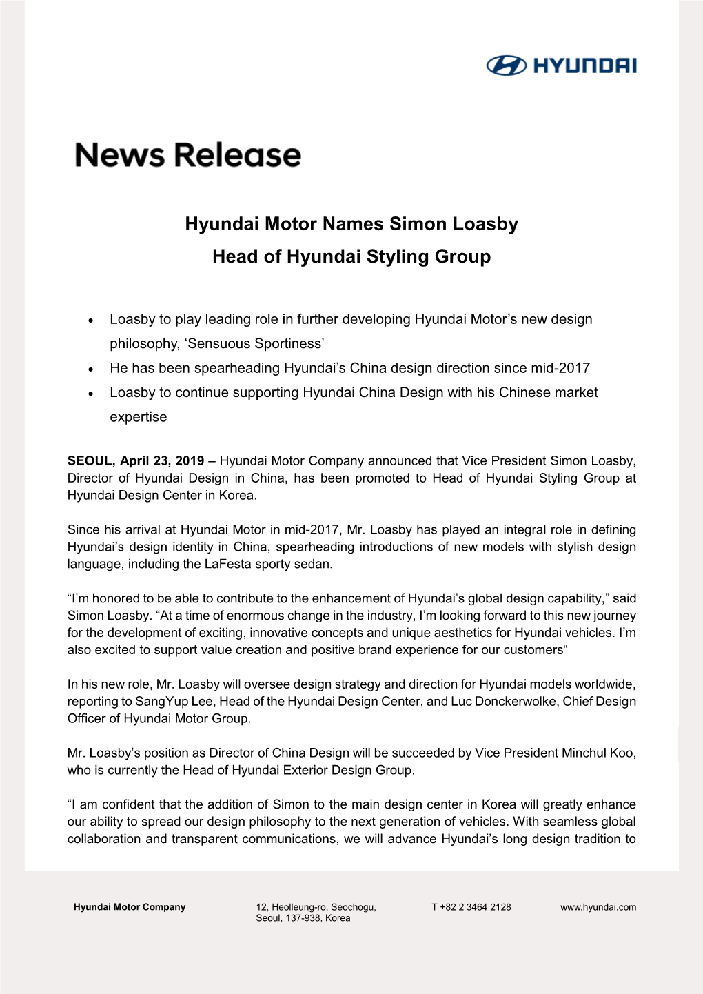 Hyundai Motor Names Simon Loasby Head of Hyundai Styling Group