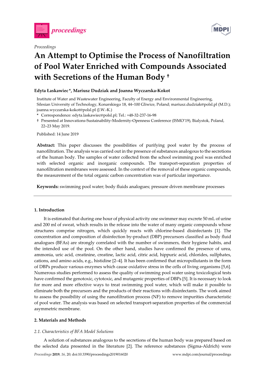 An Attempt to Optimise the Process of Nanofiltration of Pool Water Enriched with Compounds Associated with Secretions of the Human Body †