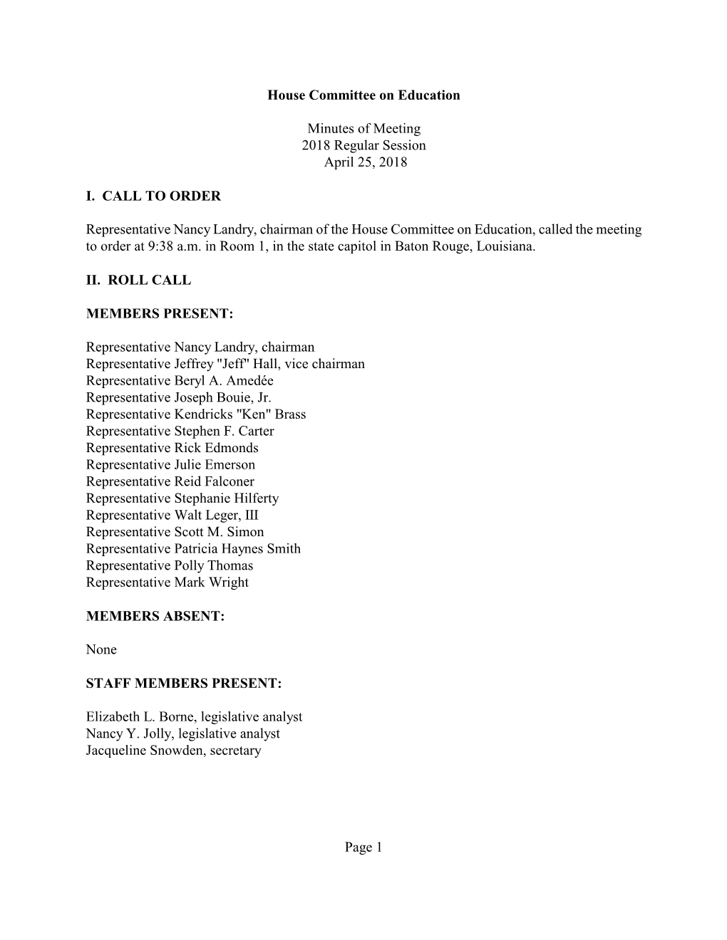 House Committee on Education Minutes of Meeting 2018 Regular