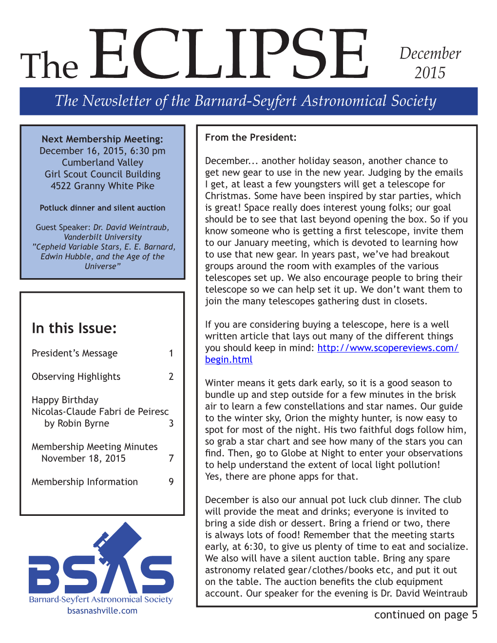 The Newsletter of the Barnard-Seyfert Astronomical Society