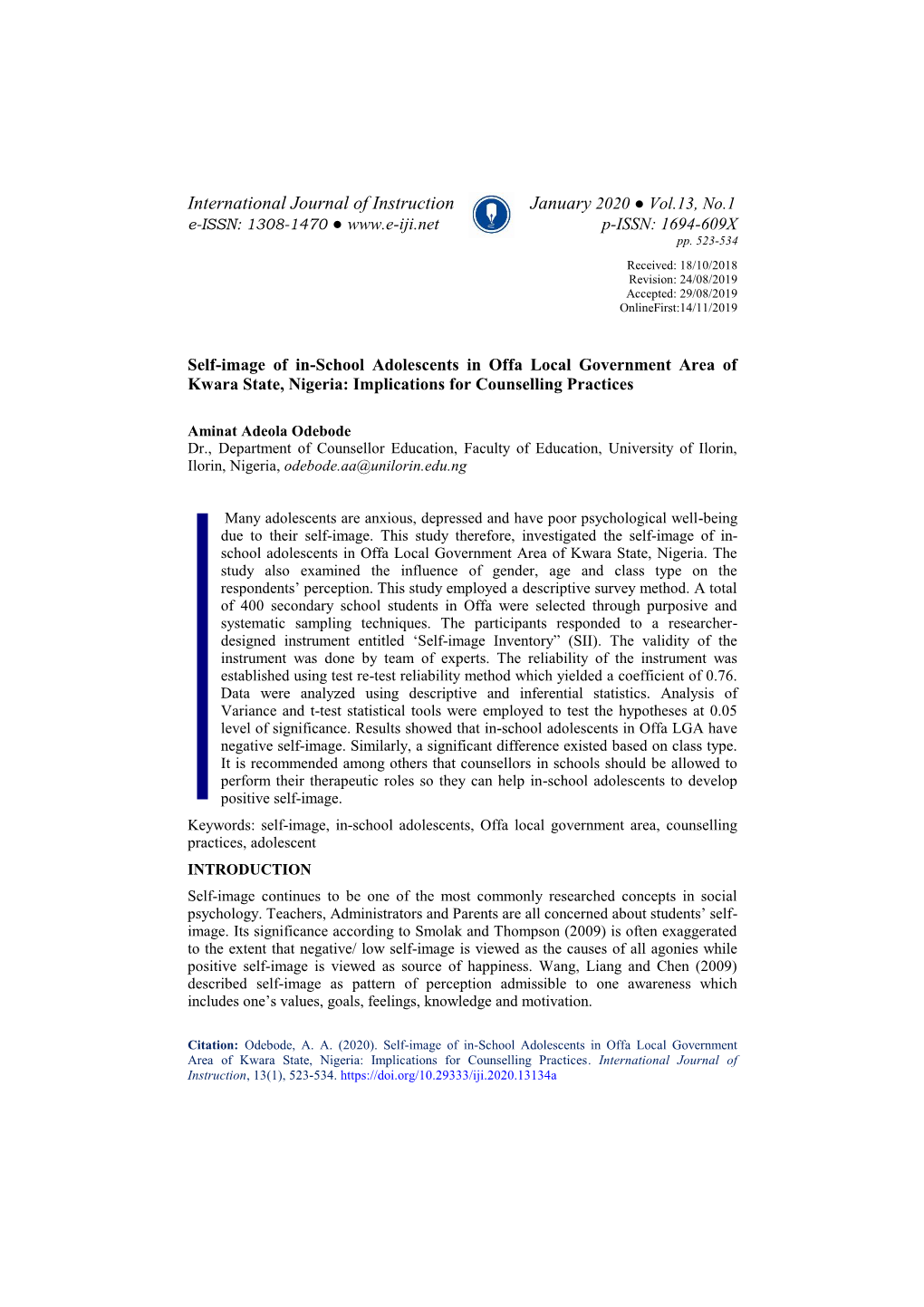 Self-Image of In-School Adolescents in Offa Local Government Area of Kwara State, Nigeria: Implications for Counselling Practices