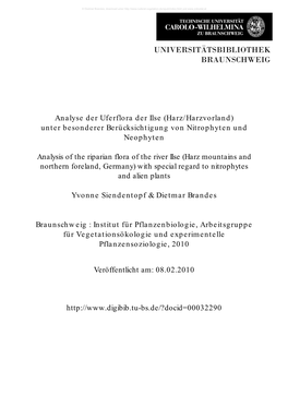 Analyse Der Uferflora Der Ilse (Harz/Harzvorland) Unter Besonderer Berücksichtigung Von Nitrophyten Und Neophyten