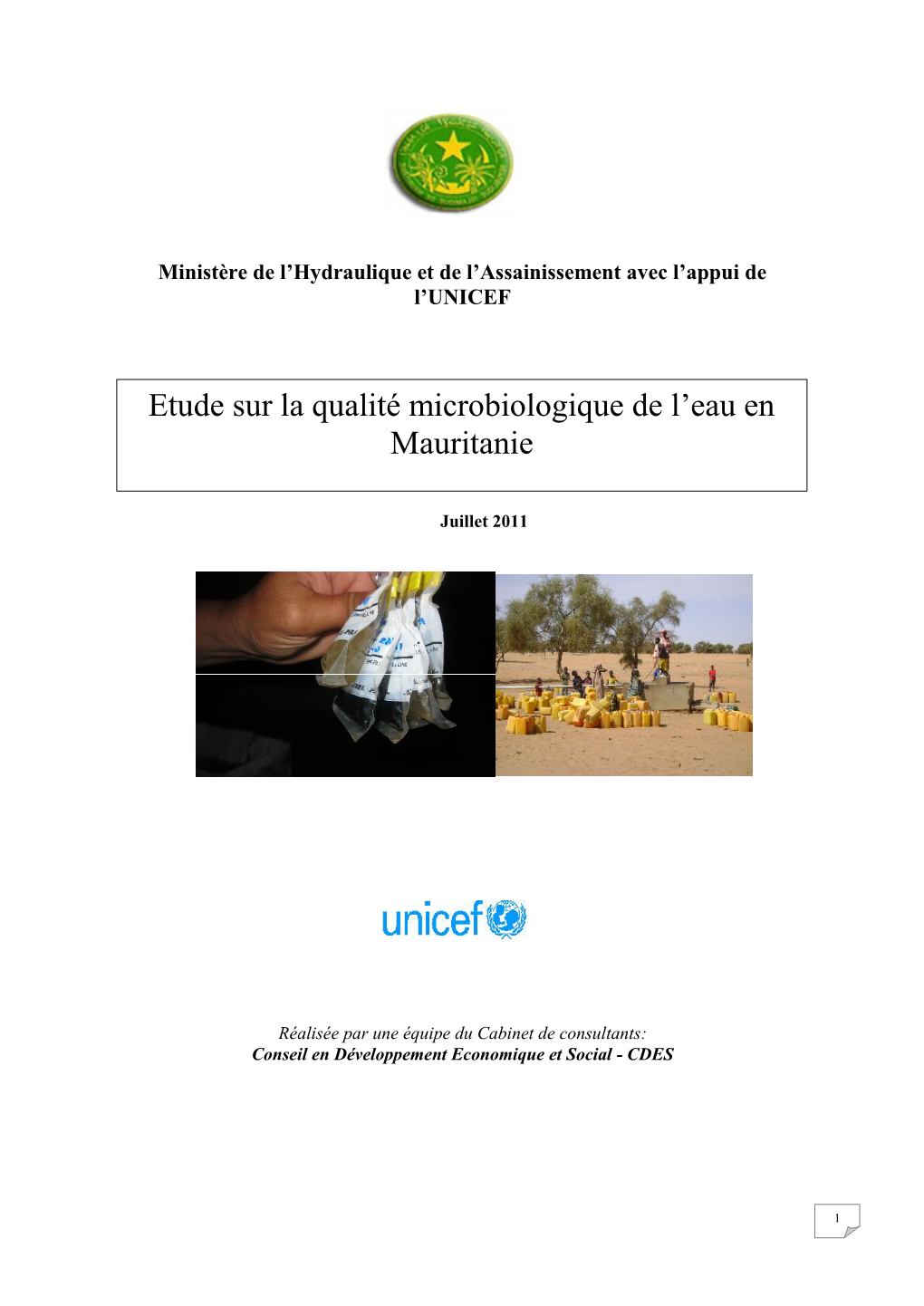 RAPPORT PROVISOIRE Etude Sur La Qualité Microbiologique De L'eau En