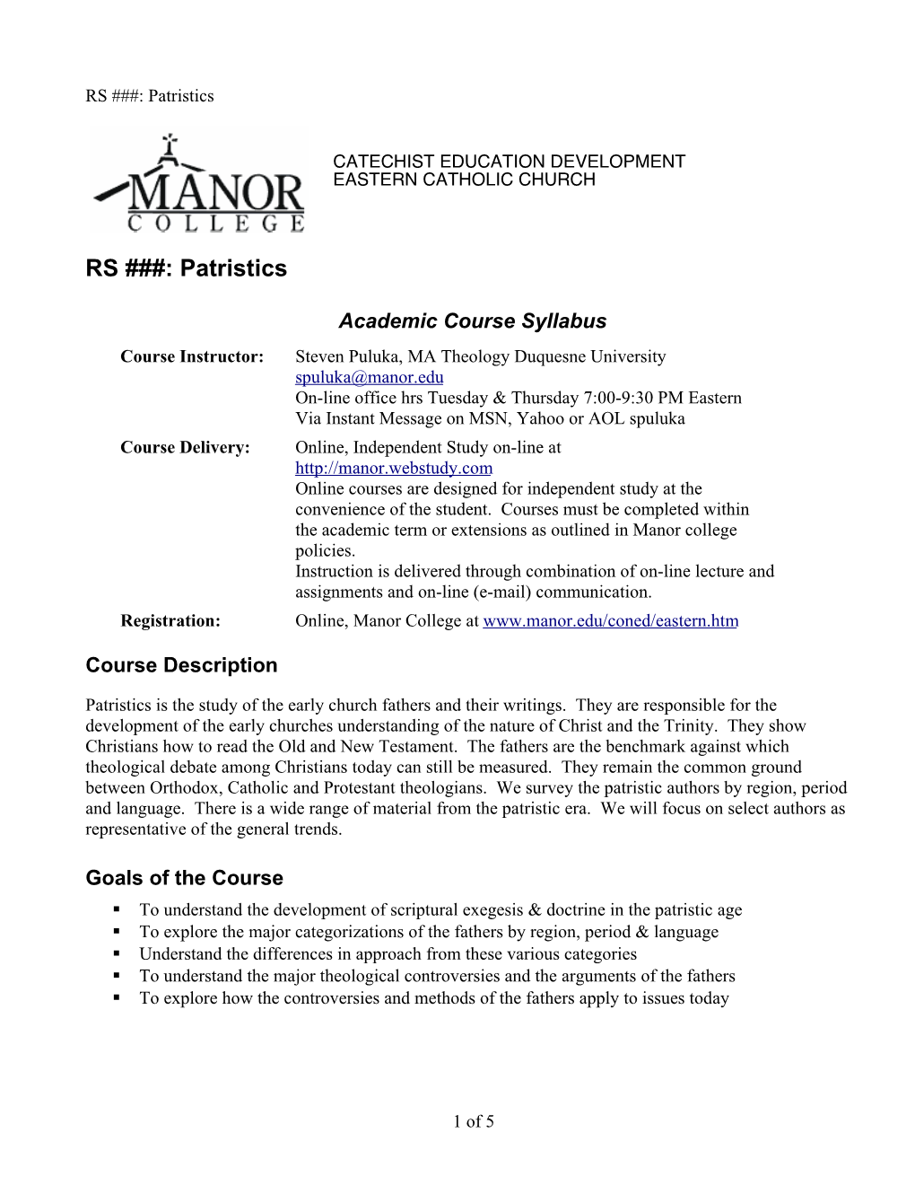 Manor RS133 Syllabus