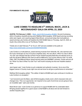 Luke Combs to Headline 8Th Annual Mack, Jack & Mcconaughey Gala On