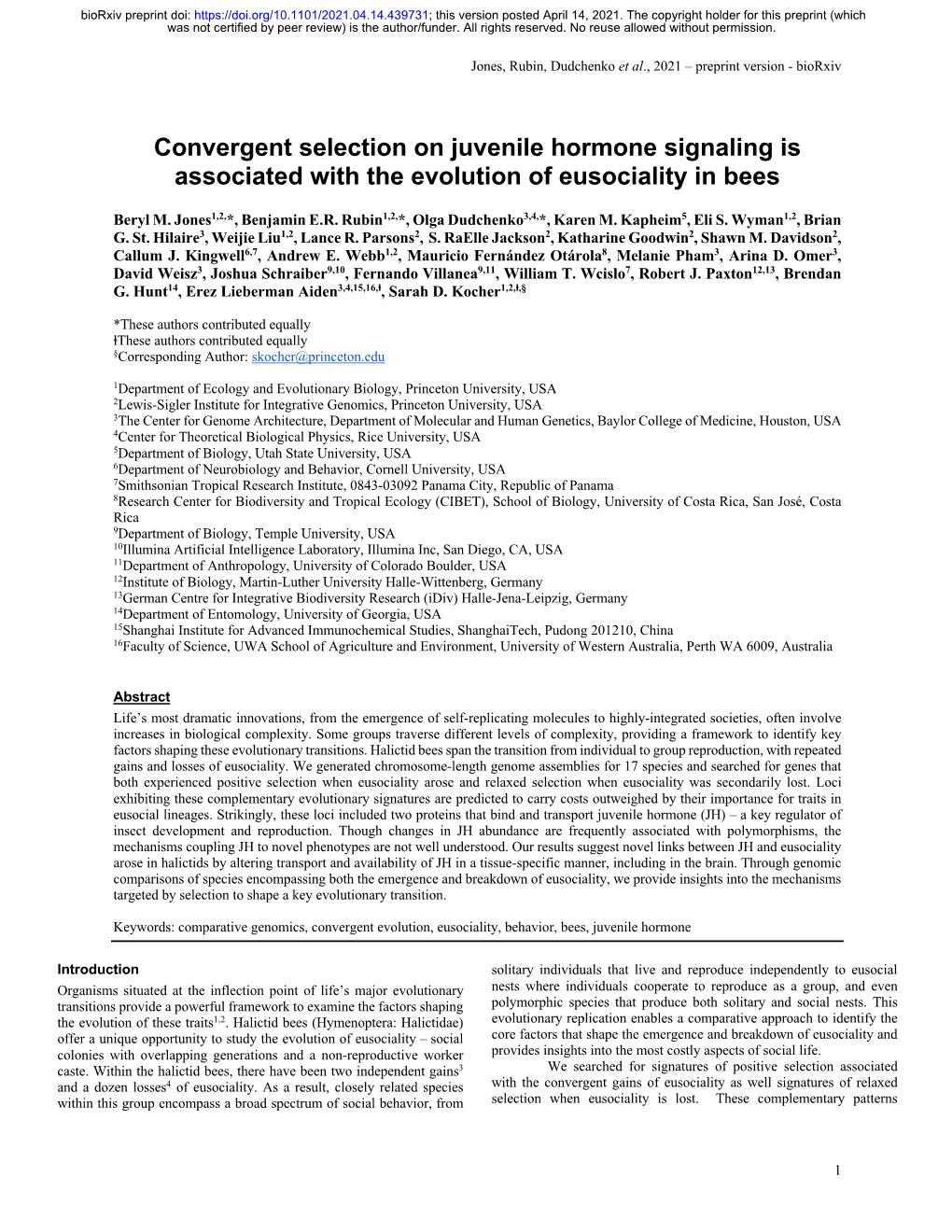 Convergent Selection on Juvenile Hormone Signaling Is Associated with the Evolution of Eusociality in Bees