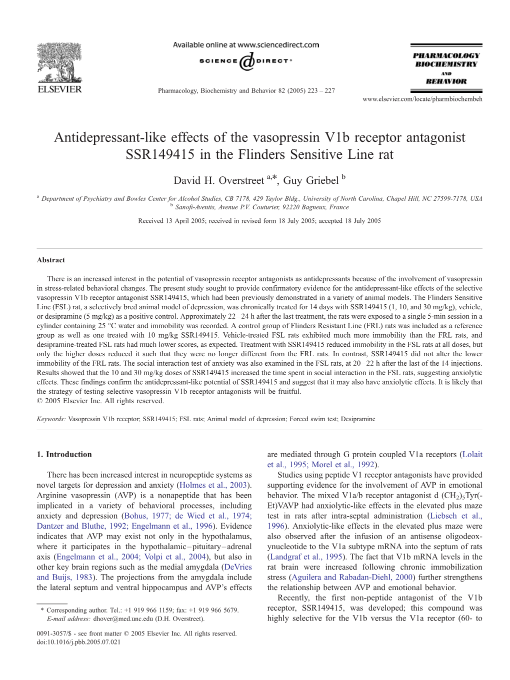 Antidepressant-Like Effects of the Vasopressin V1b Receptor Antagonist SSR149415 in the Flinders Sensitive Line Rat