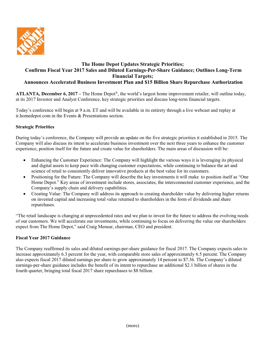 The Home Depot Presents Strategic Priorities, Updates 2009 EPS