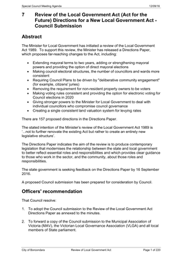 (Act for the Future) Directions for a New Local Government Act - Council Submission