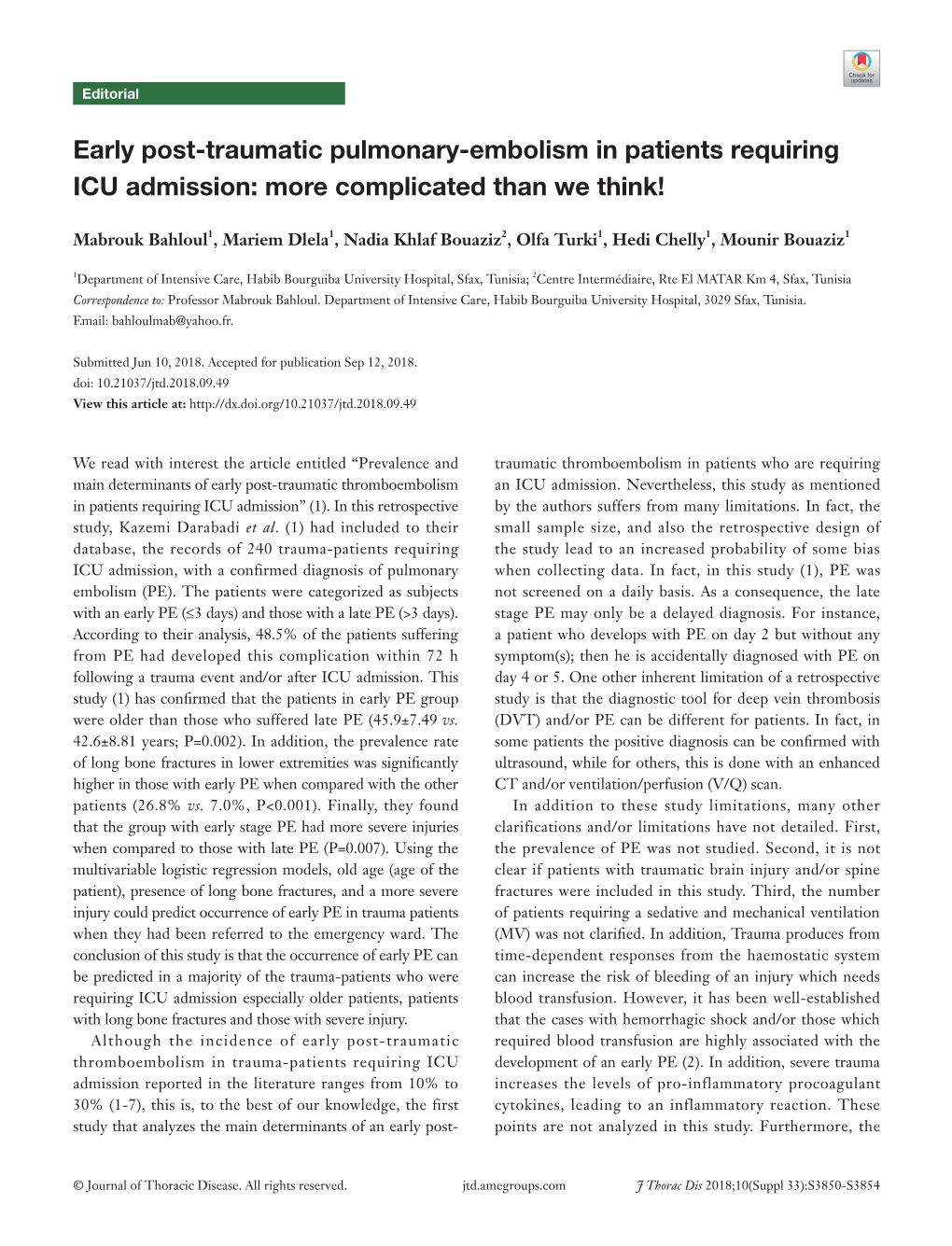 Early Post-Traumatic Pulmonary-Embolism in Patients Requiring ICU Admission: More Complicated Than We Think!