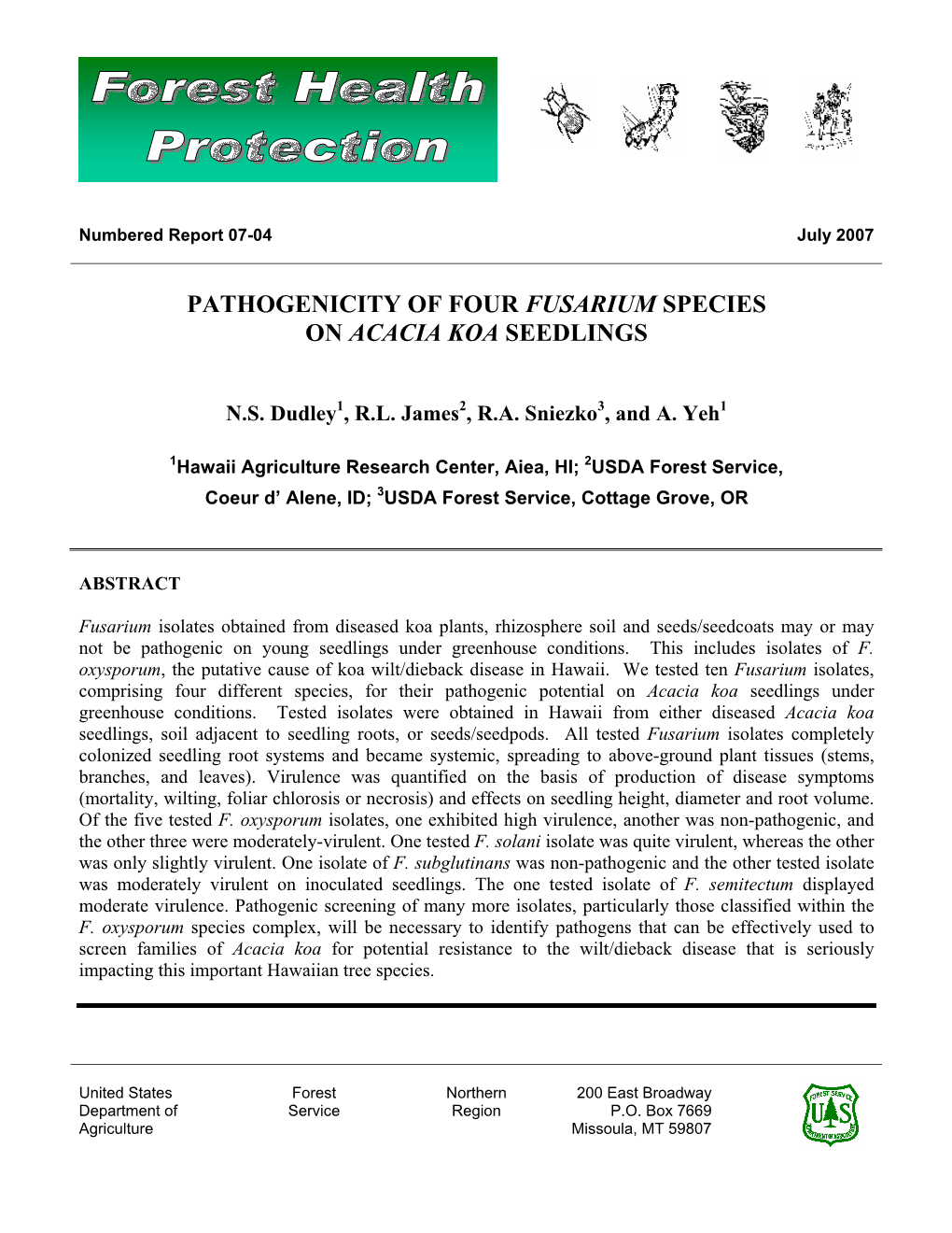 Pathogenicity of Four Fusarium Species on Acacia Koa Seedlings