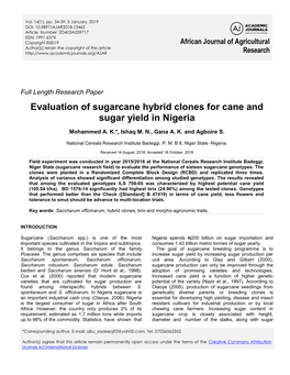 Evaluation of Sugarcane Hybrid Clones for Cane and Sugar Yield in Nigeria