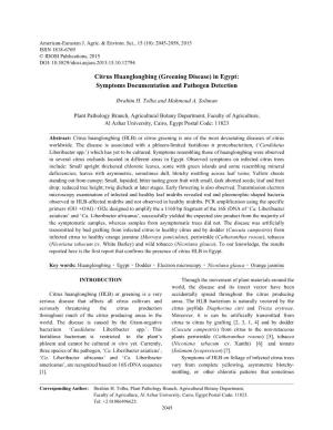 Citrus Huanglongbing (Greening Disease) in Egypt: Symptoms Documentation and Pathogen Detection