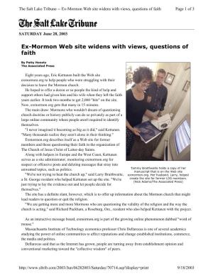 Ex-Mormon Web Site Widens with Views, Questions of Faith Page 1 of 3