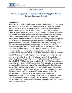 Lecture Transcript: Karaites in Egypt