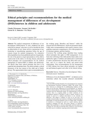 Ethical Principles and Recommendations for the Medical Management of Differences of Sex Development (DSD)/Intersex in Children and Adolescents