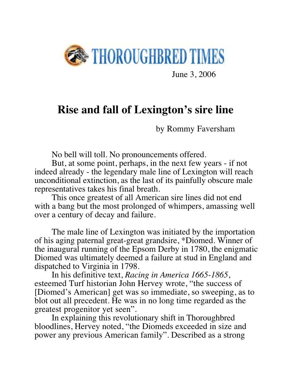 Rise and Fall of Lexington's Sire Line