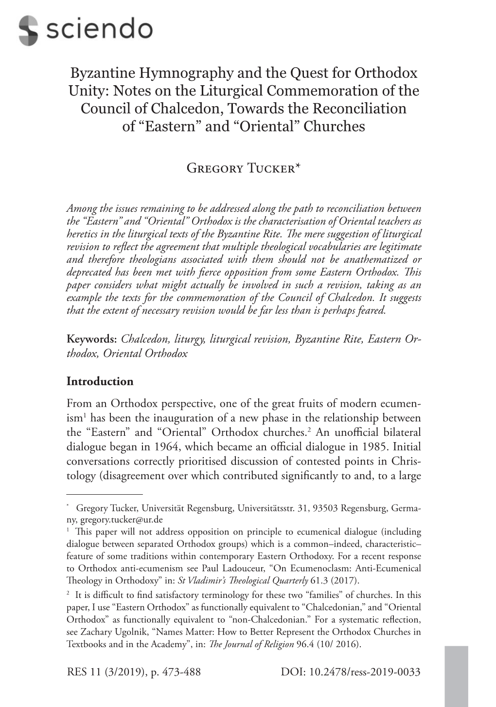 Byzantine Hymnography and the Quest for Orthodox Unity: Notes on the Liturgical Commemoration of the Council of Chalcedon, Towar