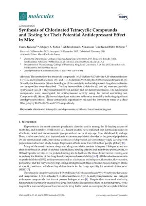 Synthesis of Chlorinated Tetracyclic Compounds and Testing for Their Potential Antidepressant Effect in Mice