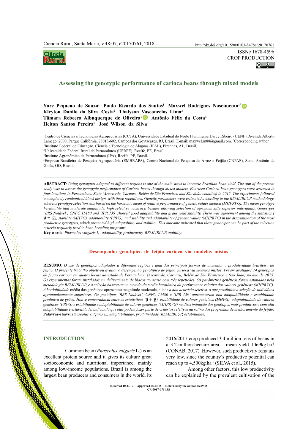 Assessing the Genotypic Performance of Carioca Beans Through Mixed Models