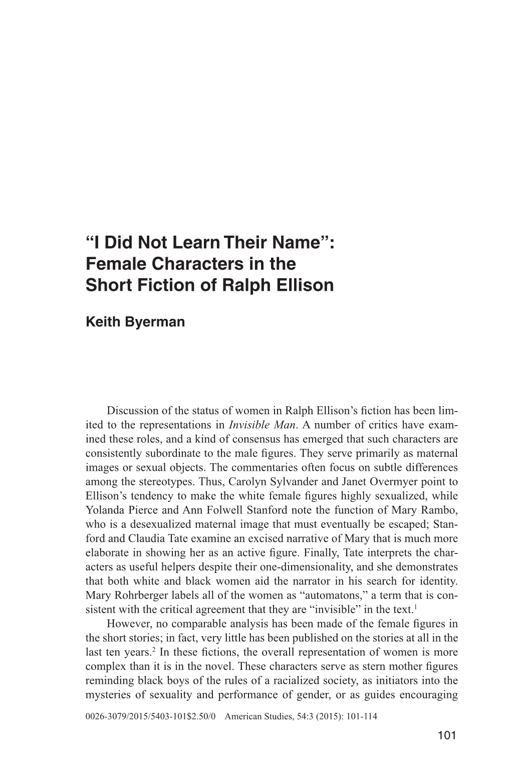 Female Characters in the Short Fiction of Ralph Ellison